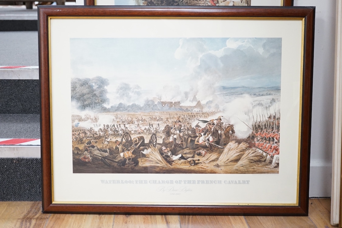 A set of six colour engravings after George Morland (1783-1804), to include the ‘Virtuous parent’ and ‘The Elopement’, together with a pair of colour prints depicting the Battle of Waterloo. Condition - varies